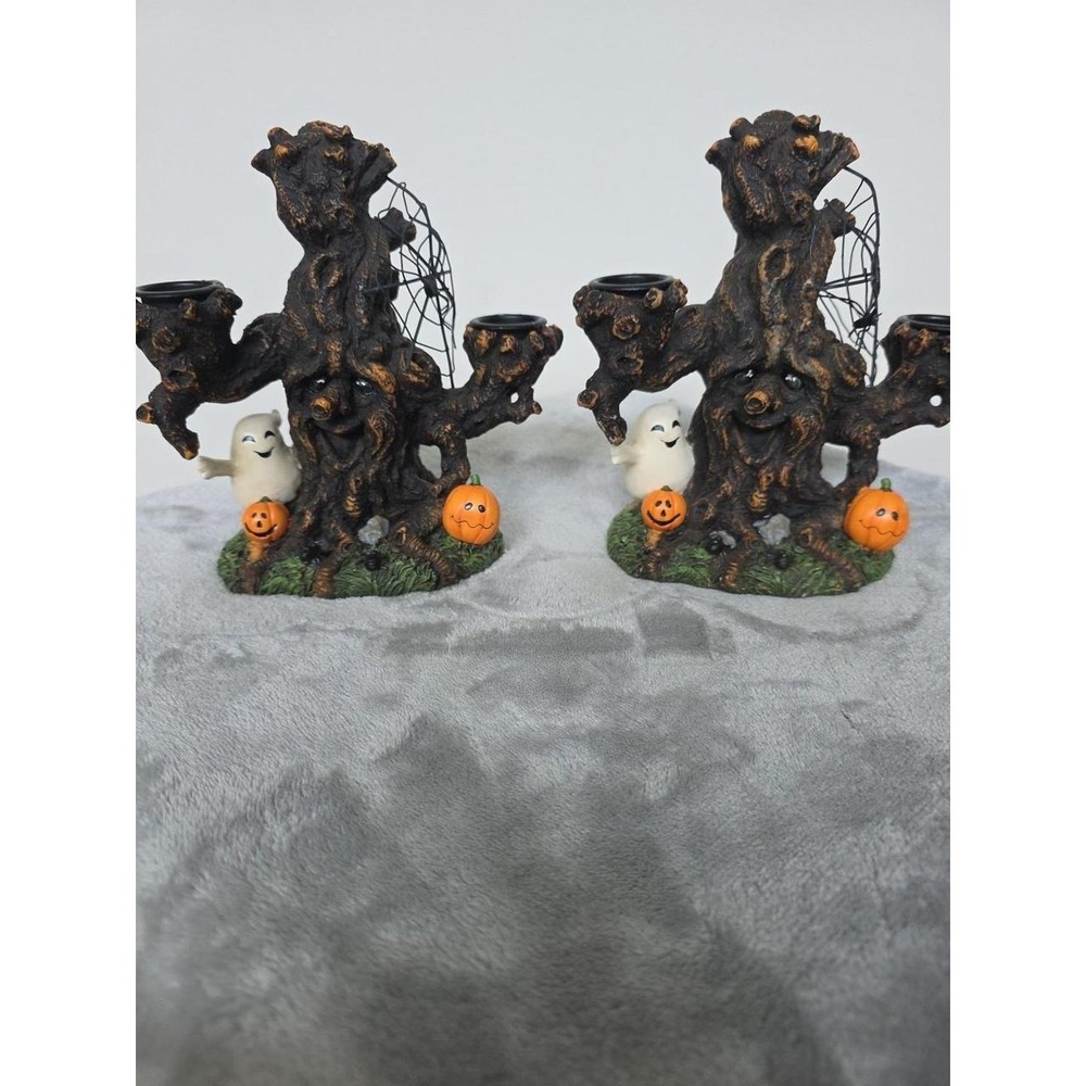 Halloween Ghost Tree Candlesticks Pair Spooky Yankee Candle